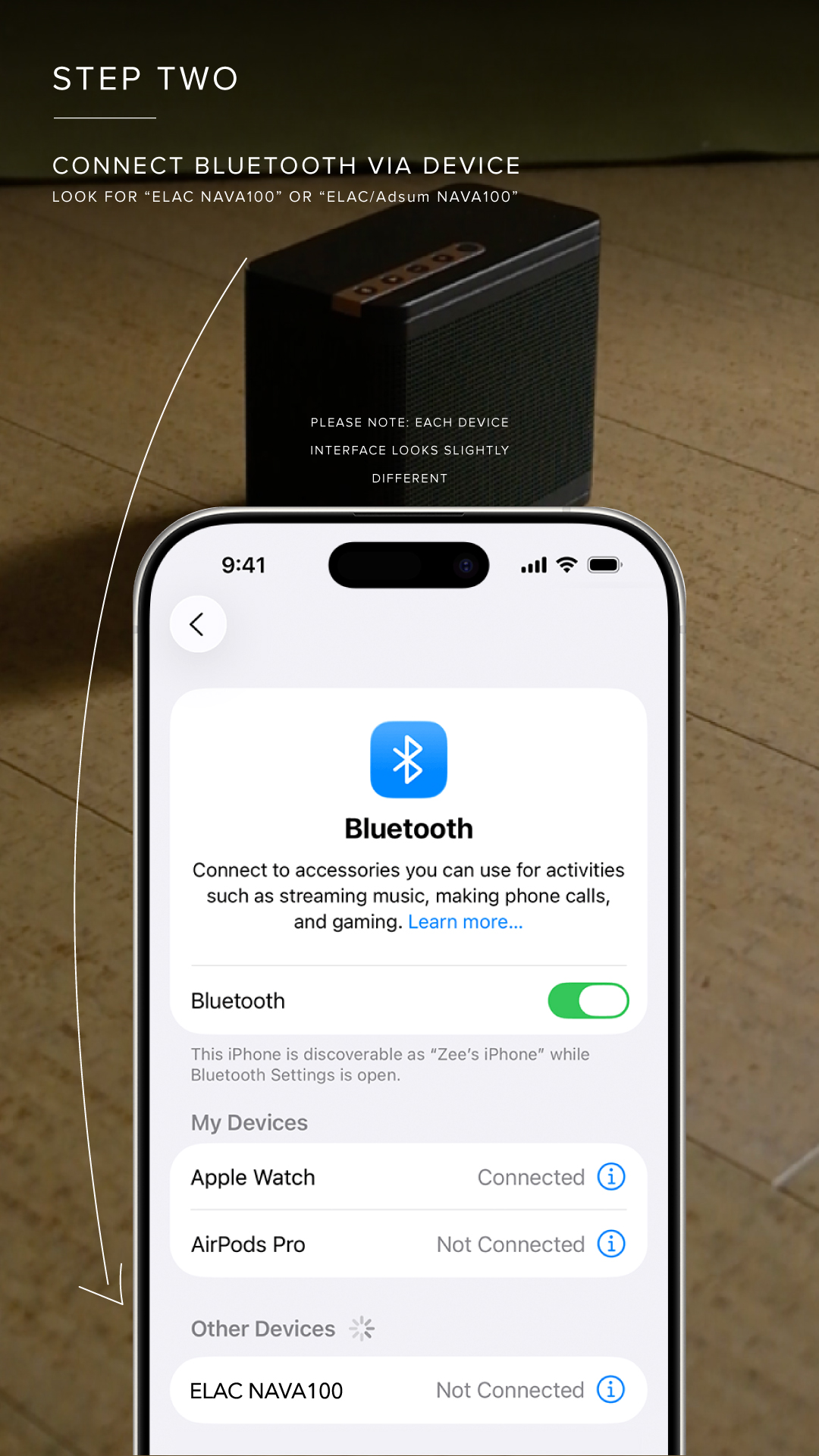 Phone Bluetooth settings showing ELAC NAVA100 in the available devices list