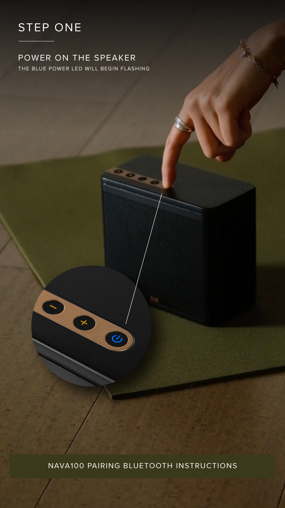 NAVA100 power button location, with a magnified view of the power symbol